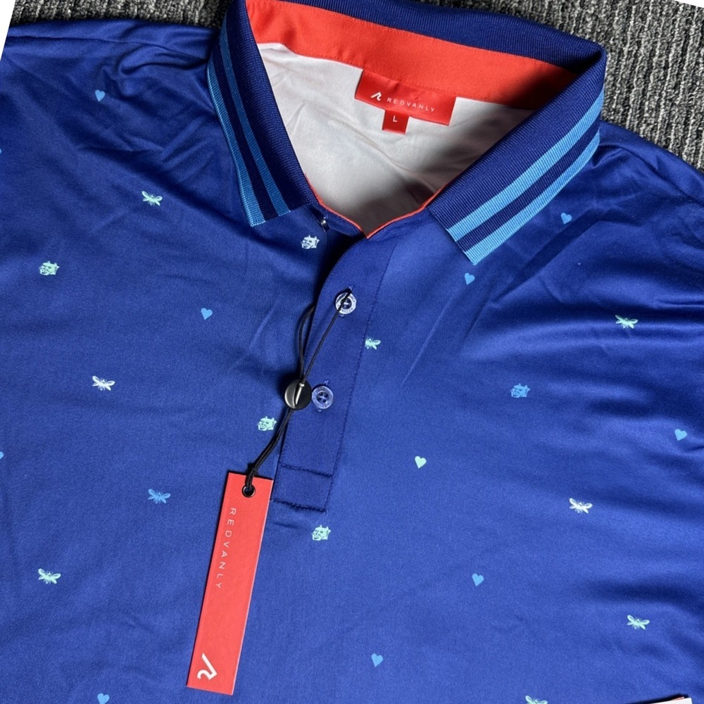 Redvanly Langham Golf Polo Shirt Men's L Blue Fly Love Cat AOP Performance NWT